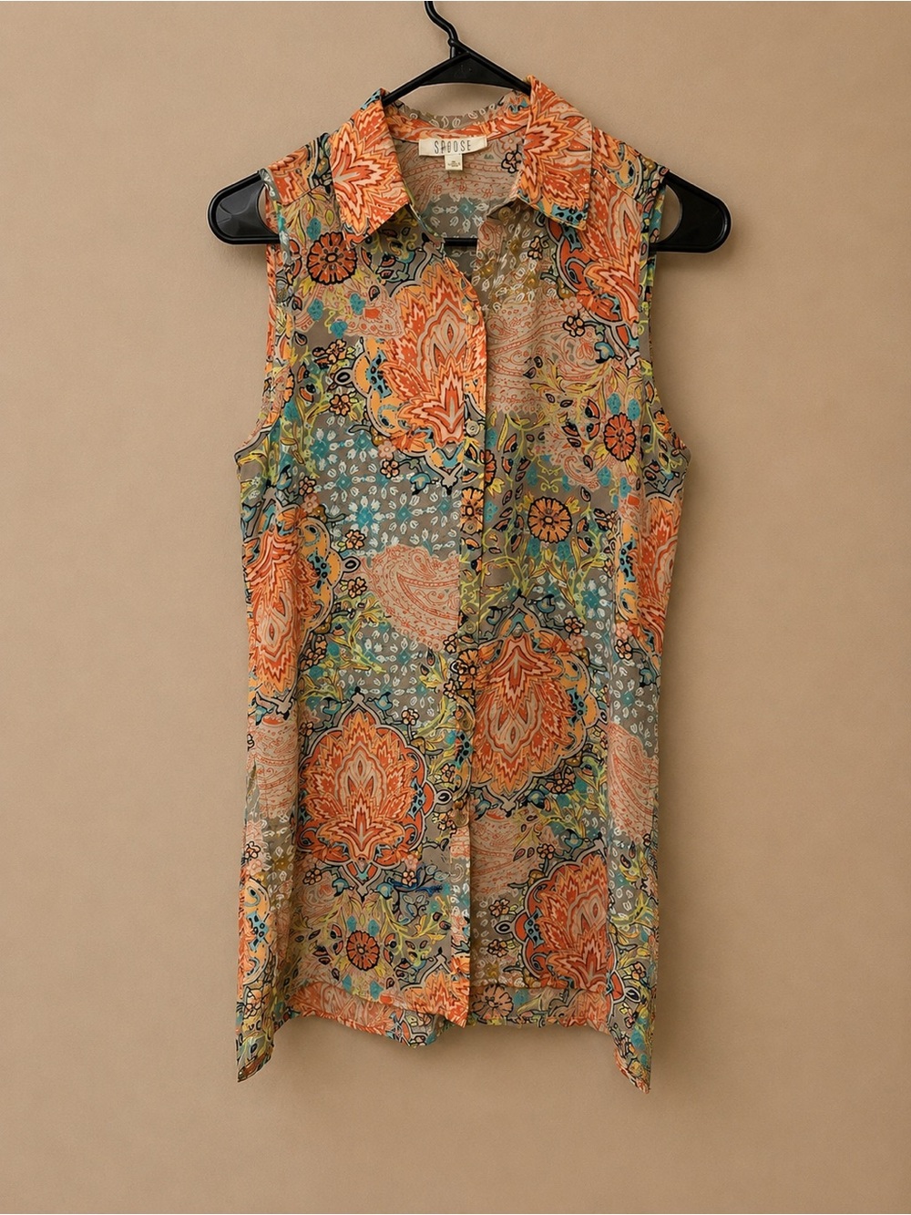 Spense Sleeveless Paisley Button-Front Blouse in Orange and Teal